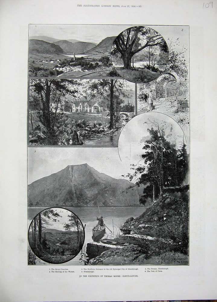 Original Old Antique Print 1896 Thomas Moore Glendalough Church Vale Clara Boat