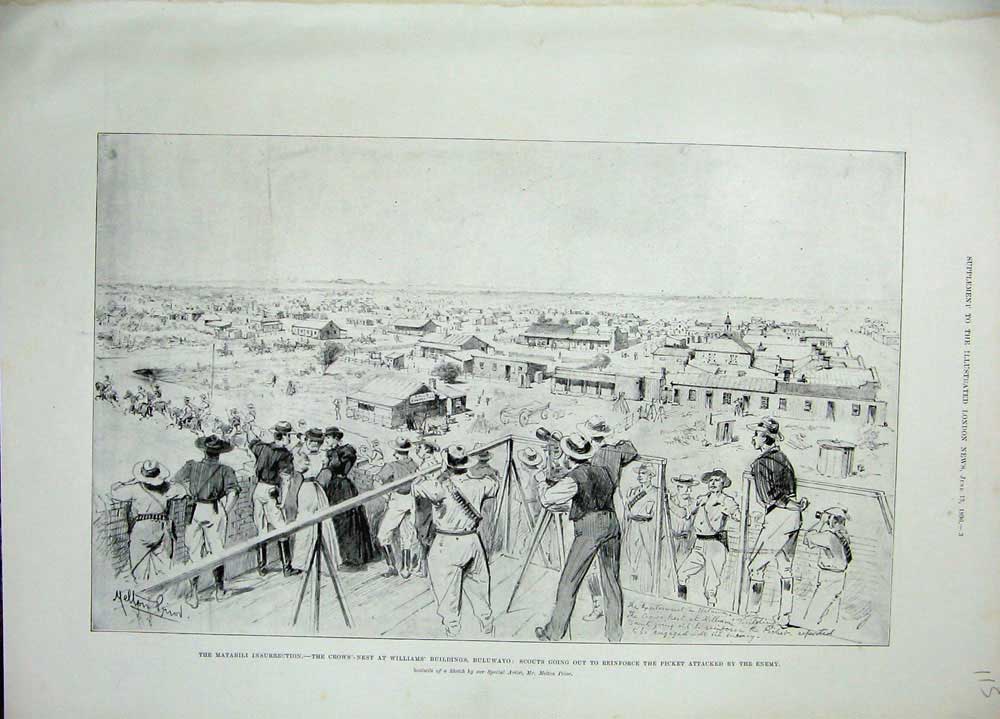 Old Antique Print 1896 Matabili Crows-Nest Buluwayo War Williams Building 19th