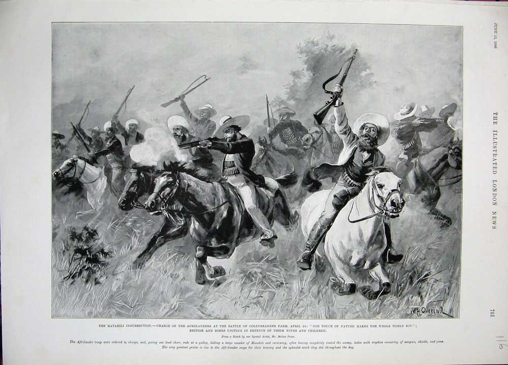 Old Antique Print 1896 Matabili War Charge Afrikanders Colenbrander Boers 19th