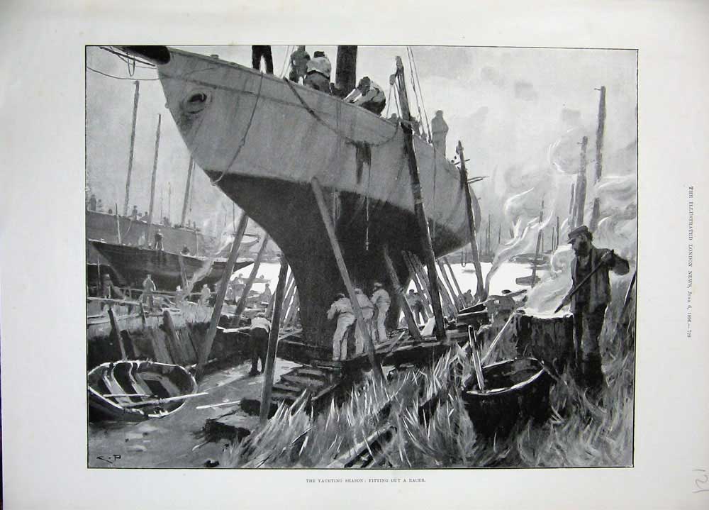 Original Old Antique Print 1896 Yachting Season Men Fitting Racer Boat Fine Art