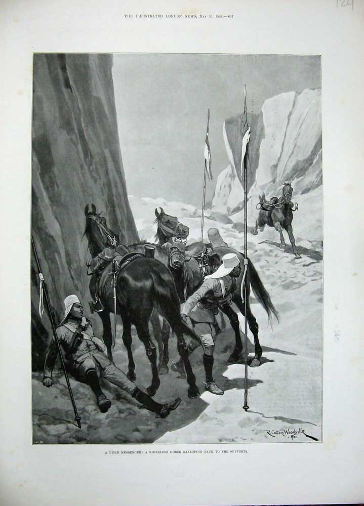 Original Old Antique Print 1896 War Riderless Horse Men Cliffs Woodville 19th