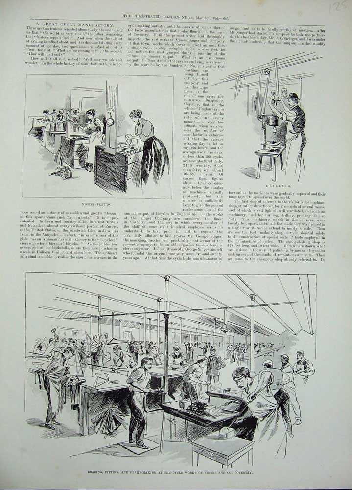 Old Antique Print 1896 Cycle Manufactory Nickel Machinery Coventry Singer 19th