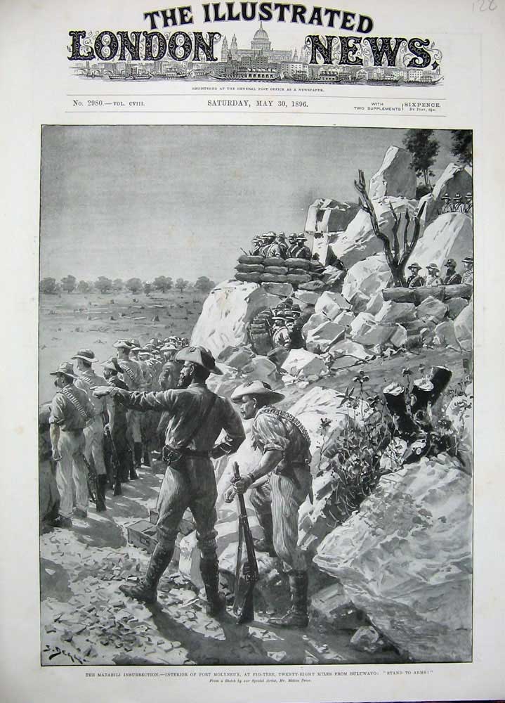 Old Antique Print 1896 Matabili Fort Molyneux Fig-Tree Buluwayo War Men 19th