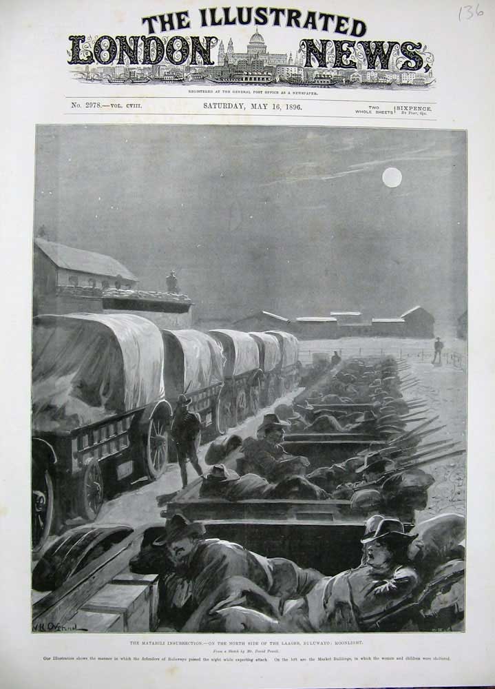Original Old Antique Print 1896 Matabili Insurrection Laager Buluwayo Moonlight