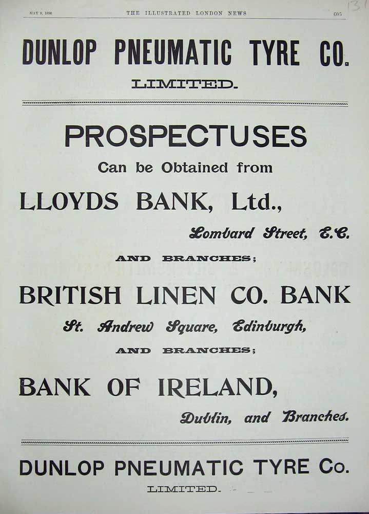 Old Antique Print 1896 Advertisement Pneumatic Tyre Dunlop Dublin Lloyds 19th