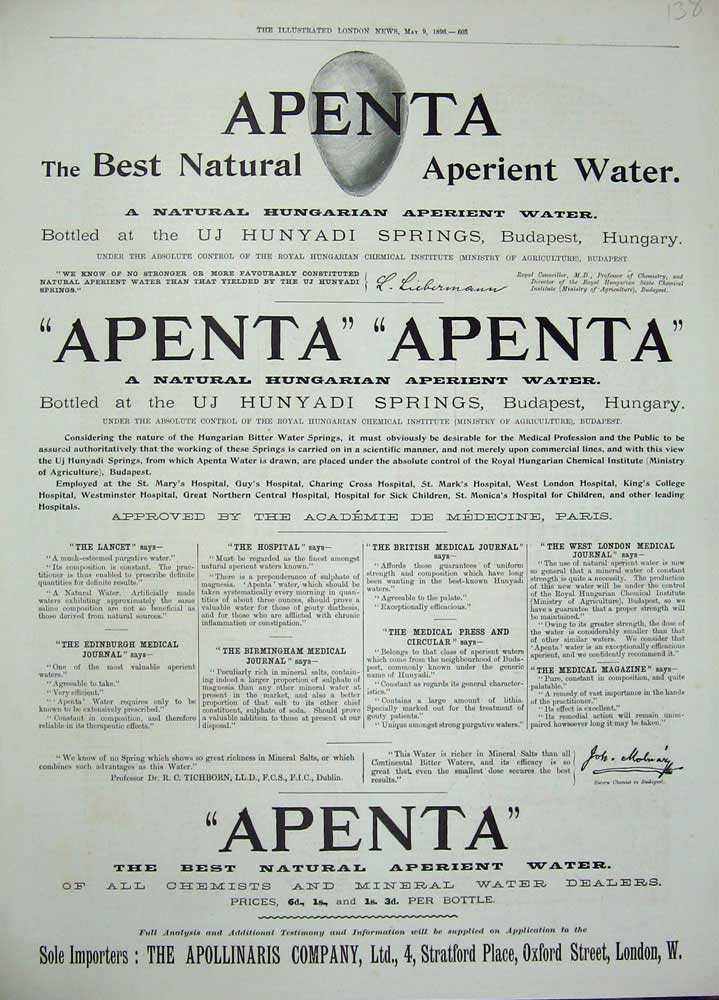 Original Old Antique Print 1896 Advertisement Apenta Apollinaris Water Hunyadi