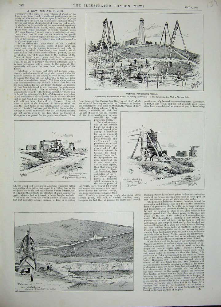 Old Antique Print 1896 Petroleum Wells Derrick Buildings Roumania Horse 19th