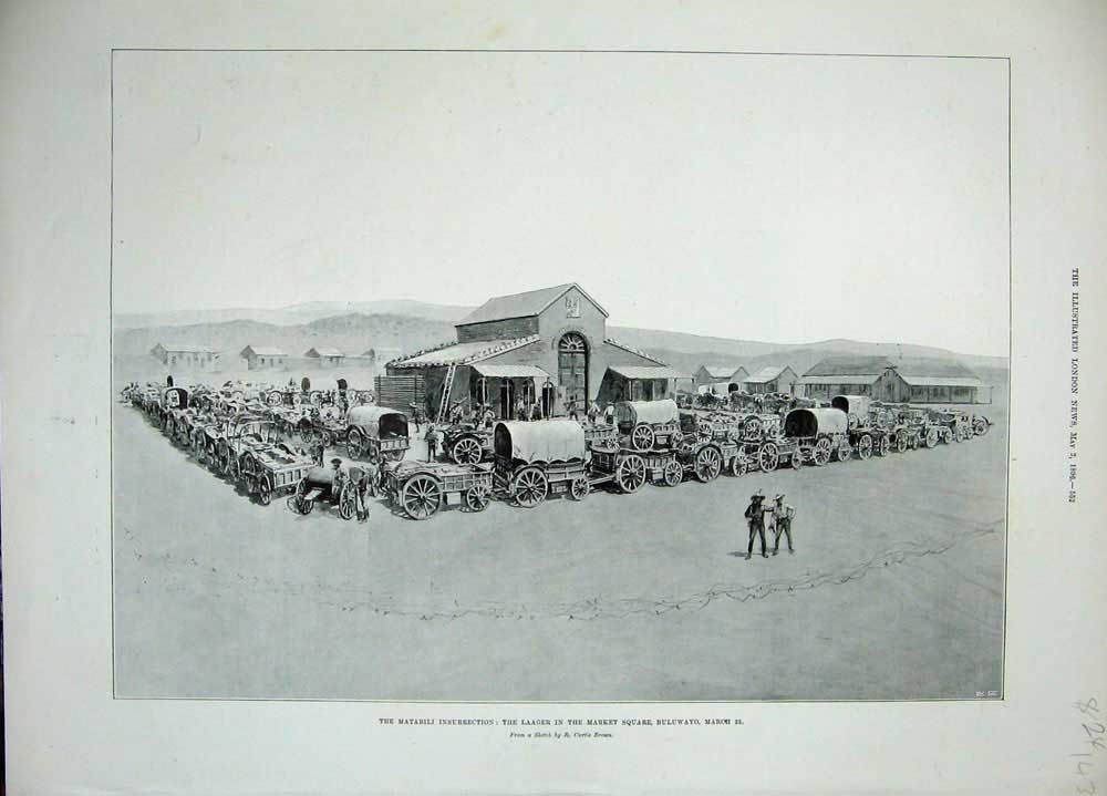 Old Antique Print 1896 Matabili Insurrection Laager Market Buluwayo Brown 19th