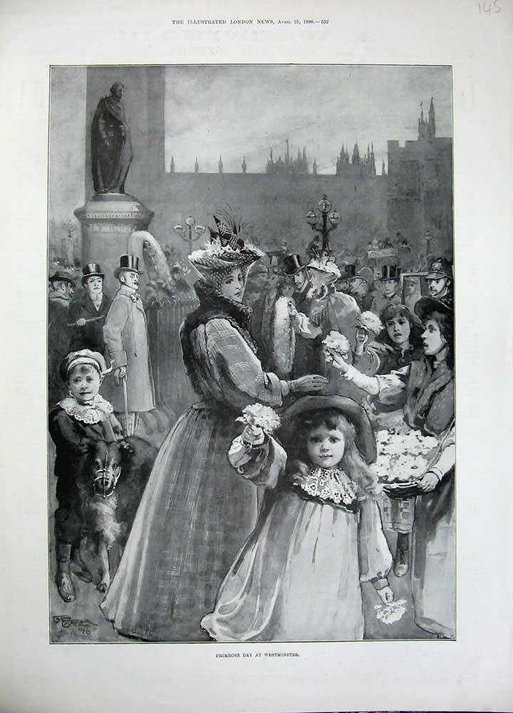 Old Antique Print 1896 Promrose Day Westminster Children Flowers London 19th