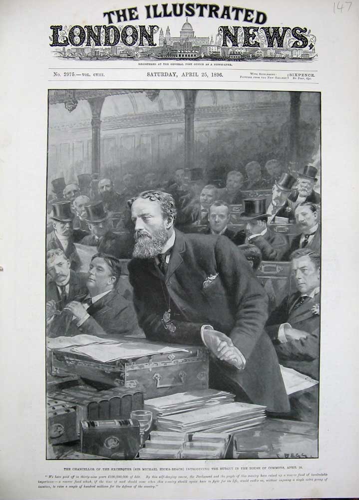 Original Old Antique Print 1896 Chancellor Exchequer Hicks-Beach House Commons