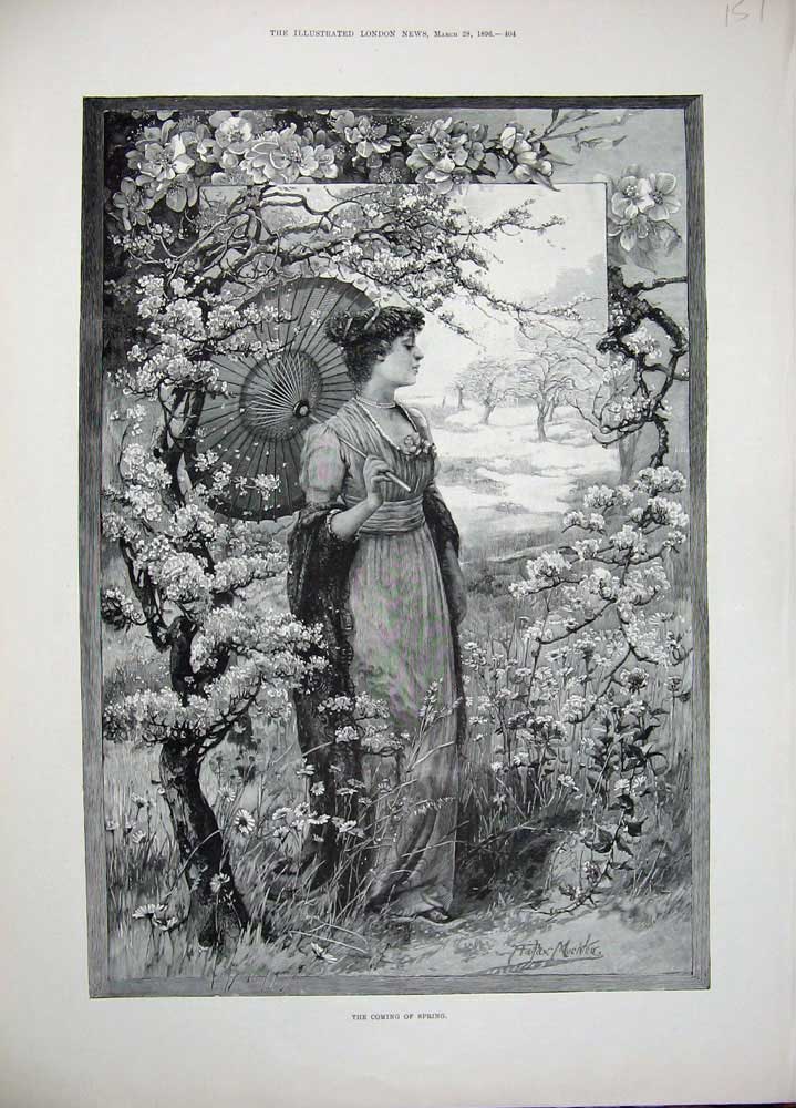 Original Old Antique Print 1896 Fine Art Spring Lady Flowers Country Trees 19th