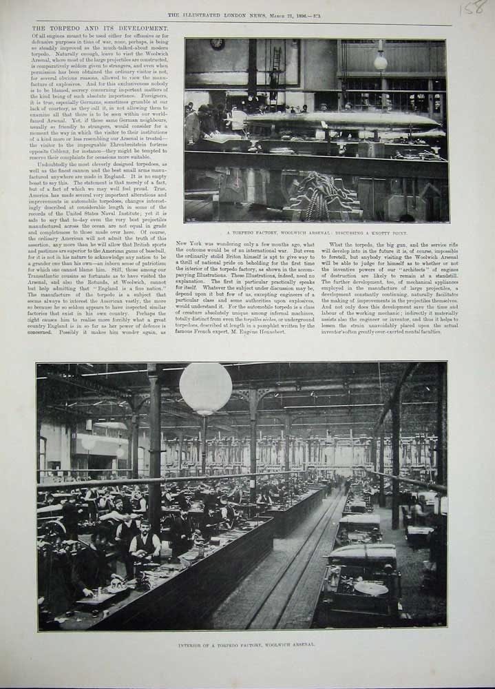 Original Old Antique Print 1896 Torpedo Factory Woolwich Arsenal Weapons War