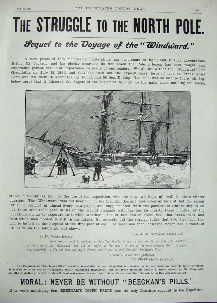 Old Antique Print 1896 Advertisement North Pole Beecham'S Pills Ship Snow 19th