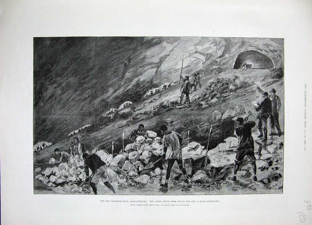 Old Antique Print 1896 Primrose Mine Johannesburg Large Stope Mining Men 19th