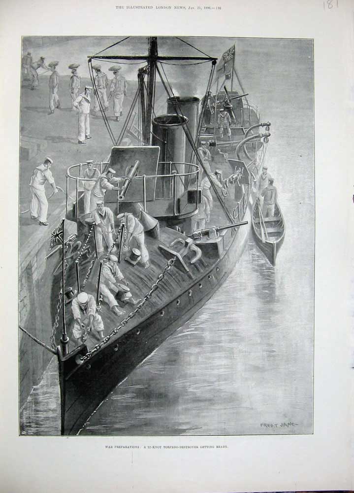 Original Old Antique Print 1896 War Preparations 27-Knot Torpedo Destroyer Ship