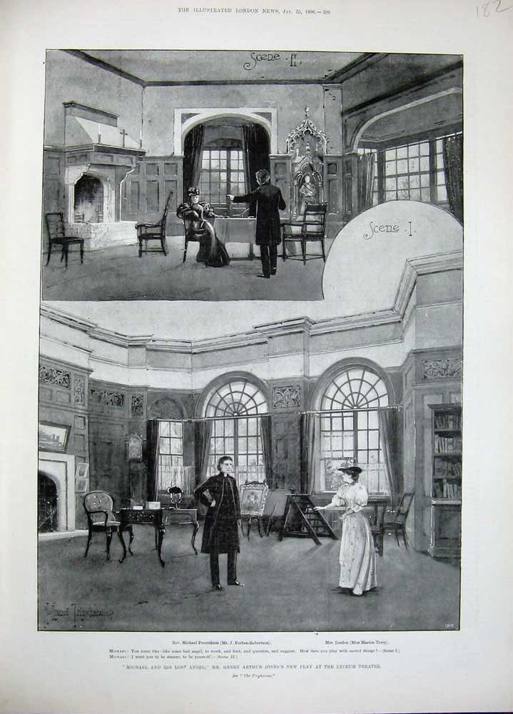 Original Old Antique Print 1896 Michael Angel Henry Arthur Jones Lyceum Theatre