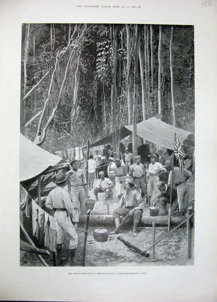 Original Old Antique Print 1896 Debatable Land British Guiana GProspecting Men