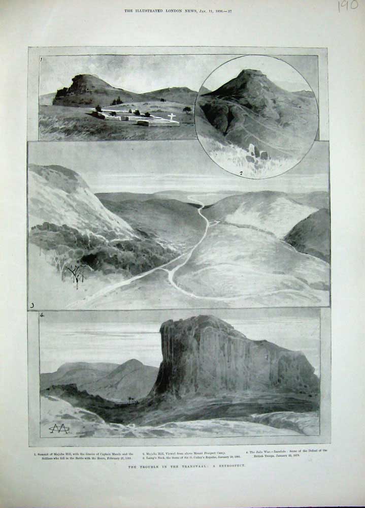 Original Old Antique Print 1896 Transvaal War Majuba Hill Laing'S Neck Zulu War