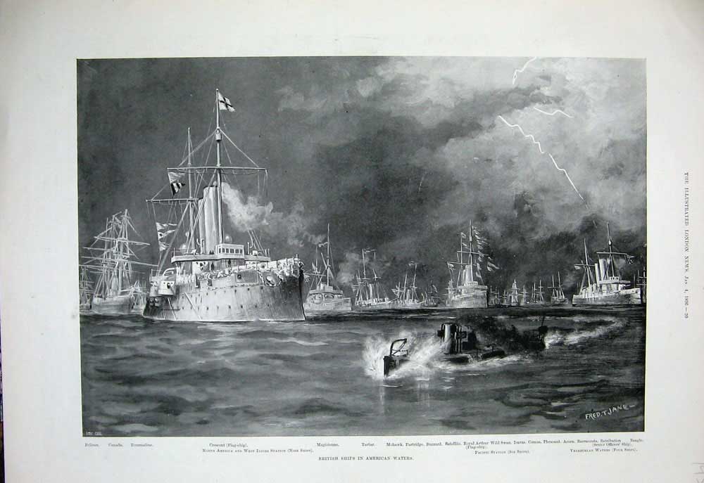 Old Antique Print 1896 British Ships America Pelican Tartar War Pheasant 19th