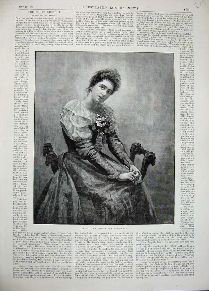 Original Old Antique Print 1896 Portrait Pastel Miss Carlisle Lady Woman 19th