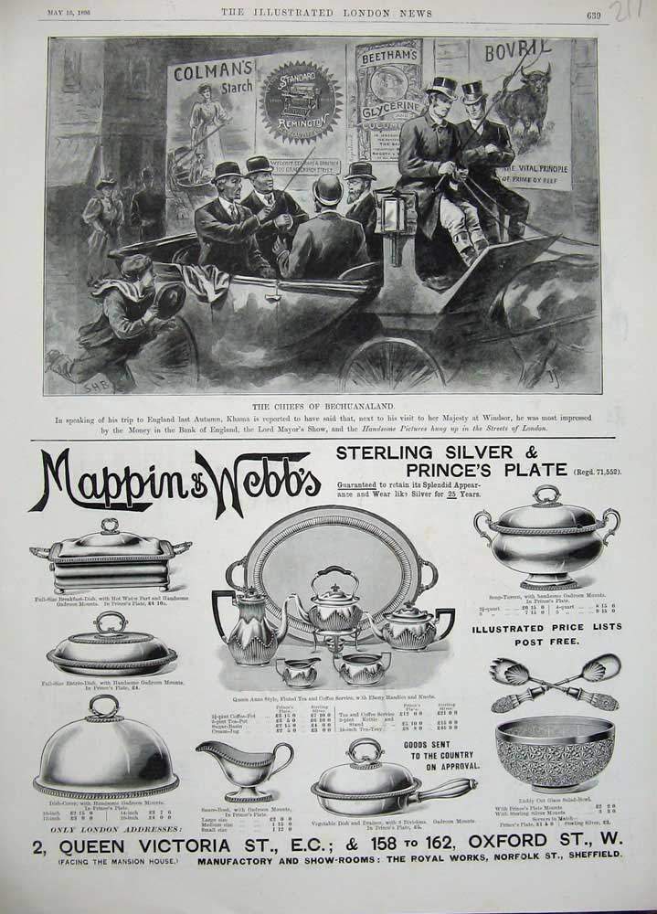 Original Old Antique Print 1896 Advertisement Mappin Webb Silver Bechuanaland
