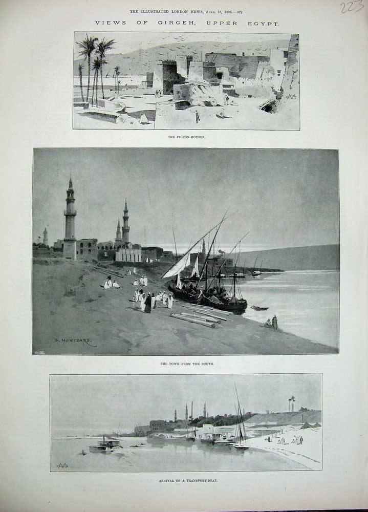 Old Antique Print 1896 Egypt Pigeon Houses Transport Boat Ship Montbard 19th