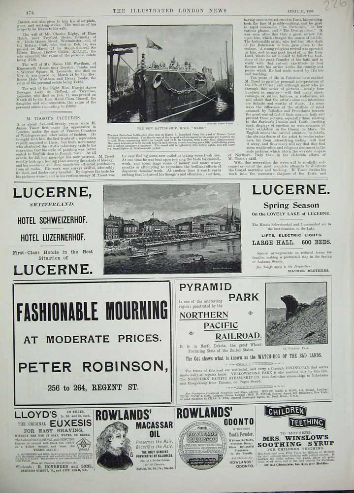 Original Old Antique Print 1896 Battle Ship Mars Advertisement Lucerne Pyramid