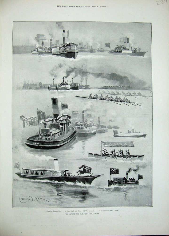 Original Old Antique Print 1896 Oxford Cambridge Boat Race Temple Pier Sport