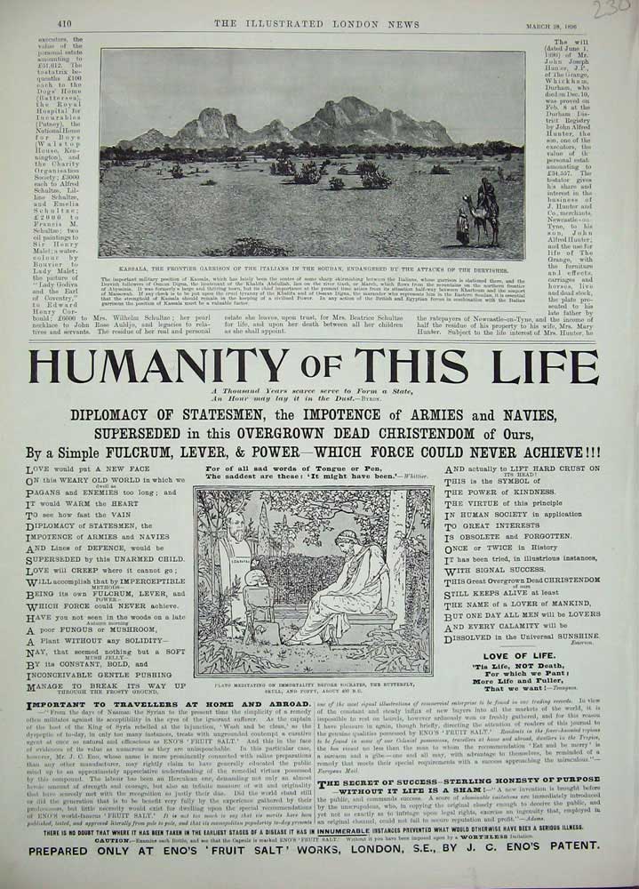 Old Antique Print 1896 Kassala Garrison Soudan Dervishes War Advert Lever 19th