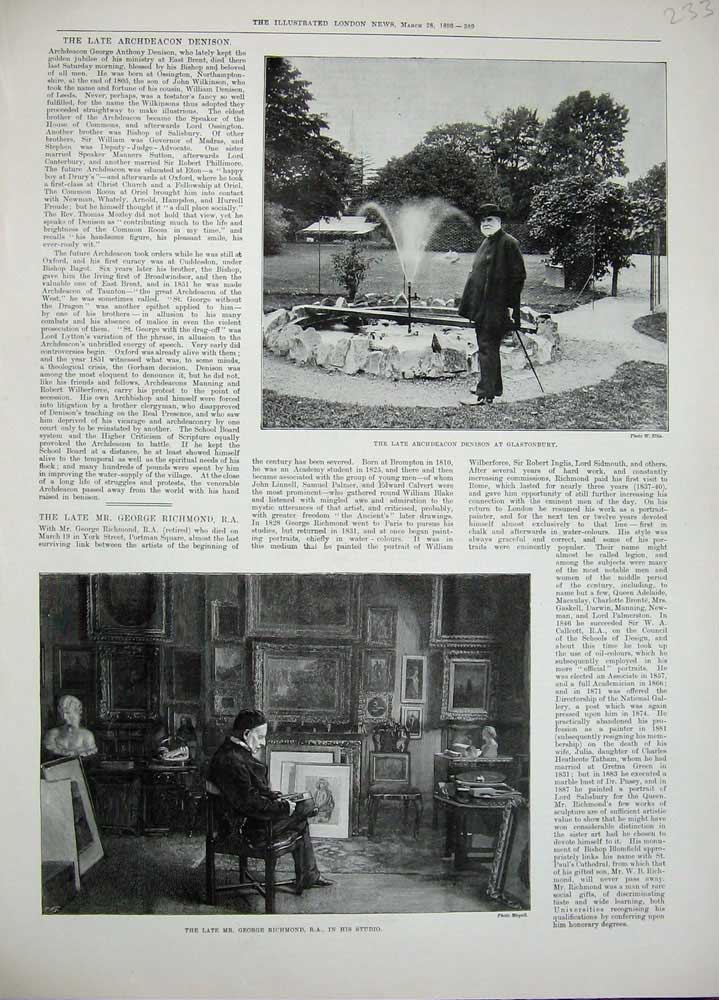 Original Old Antique Print 1896 Archdeacon Denison Glastonbury George Richmond