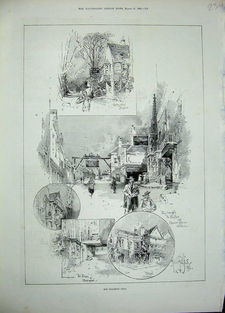 Original Old Antique Print 1896 Coaching Inns Waltham Newbury Huntington 19th