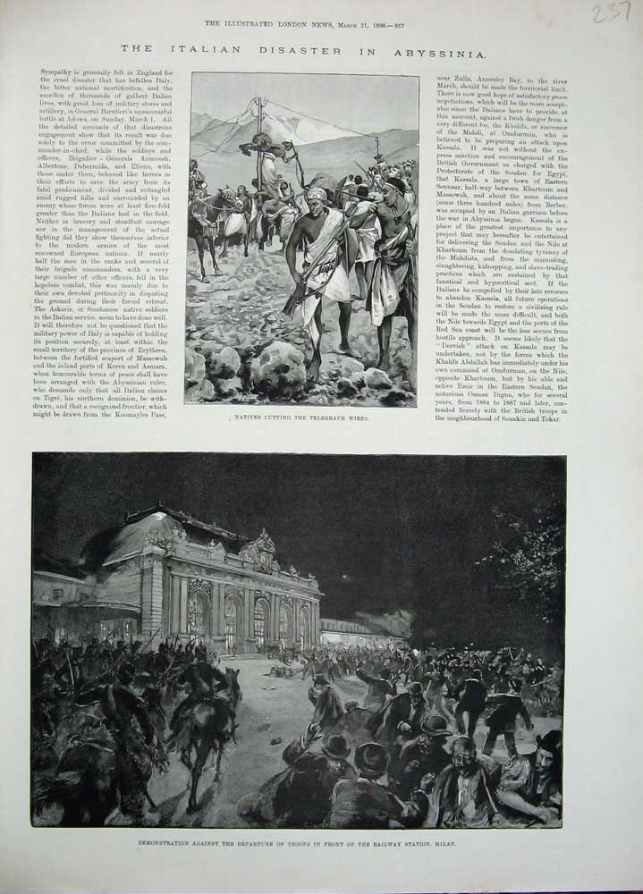 Old Antique Print 1896 Troops Railway Station Milan Italy Natives Wires 19th