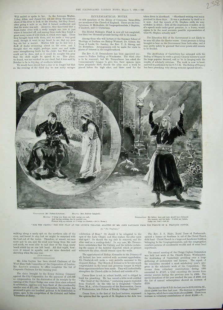 Old Antique Print 1896 For The Crown Lyceum Theatre John Davidson Coppee 19th