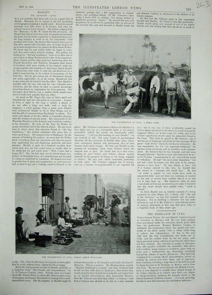 Old Antique Print 1896 Insurrection Cuba Rebel Camp Street Scene Bayamo 19th