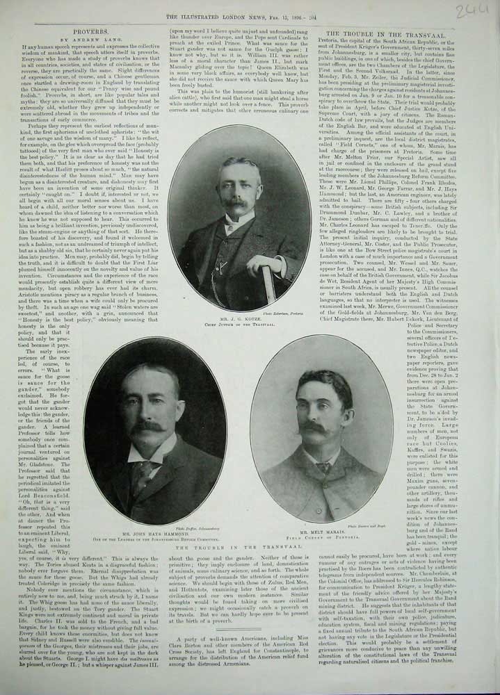 Original Old Antique Print 1896 Mr Kotze Melt Marais John Hammond War Transvaal