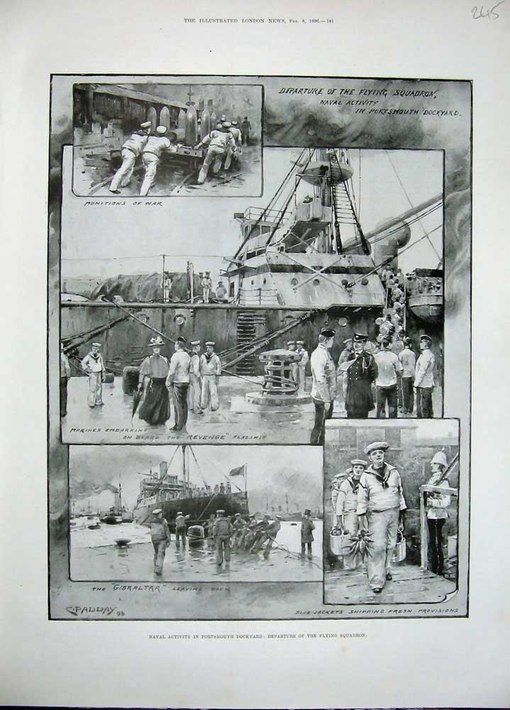 Old Antique Print 1896 Naval Activity Portsmouth Dockyard Ship Gibraltar 19th