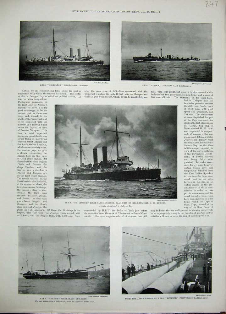 Original Old Antique Print 1896 Ship Gibraltar Havock George Thrush Revenge War