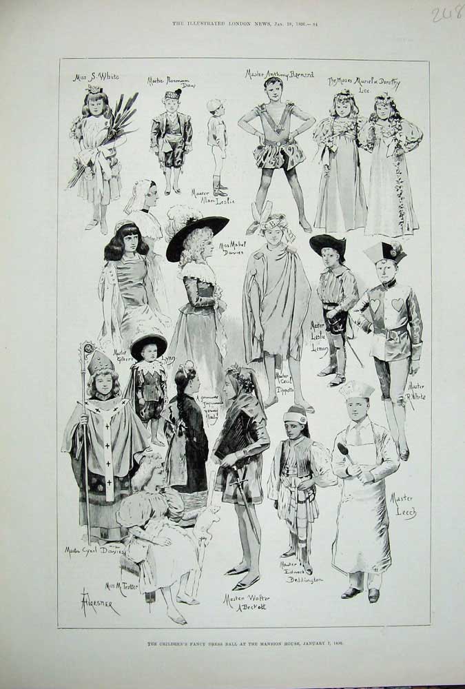 Old Antique Print 1896 Childrens Fancy Dress Ball Mansion House Costumes 19th