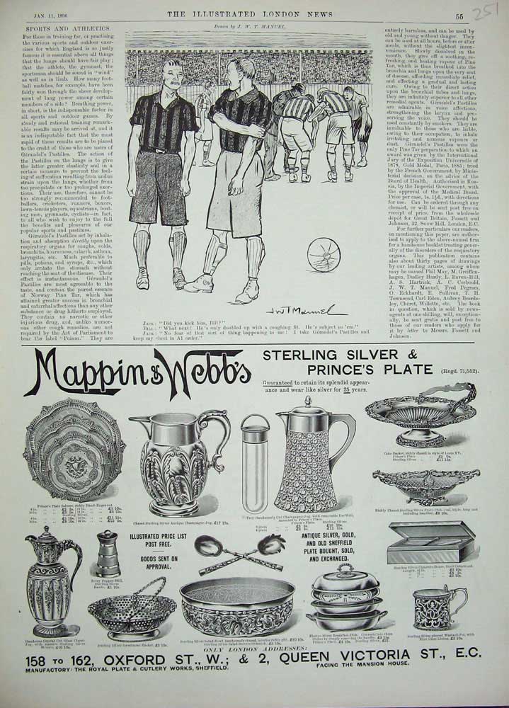 Original Old Antique Print 1896 Football Sport Advertisement Mappin Webb Silver