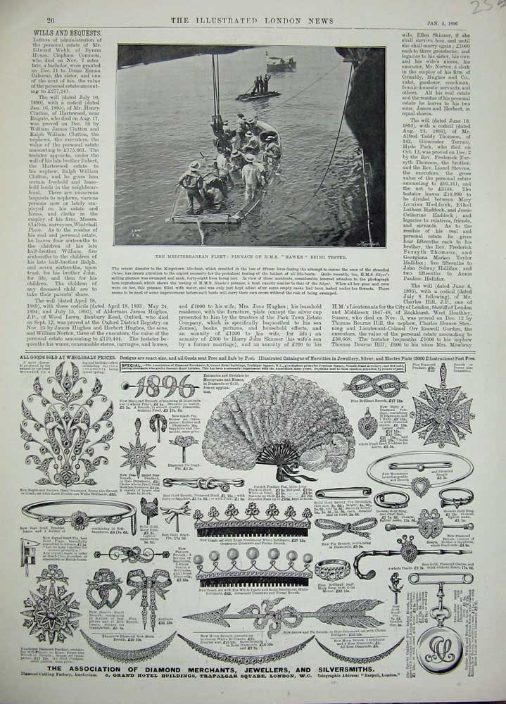Old Antique Print 1896 British Ships Pinnace Hawke Advertisement Jeweller 19th