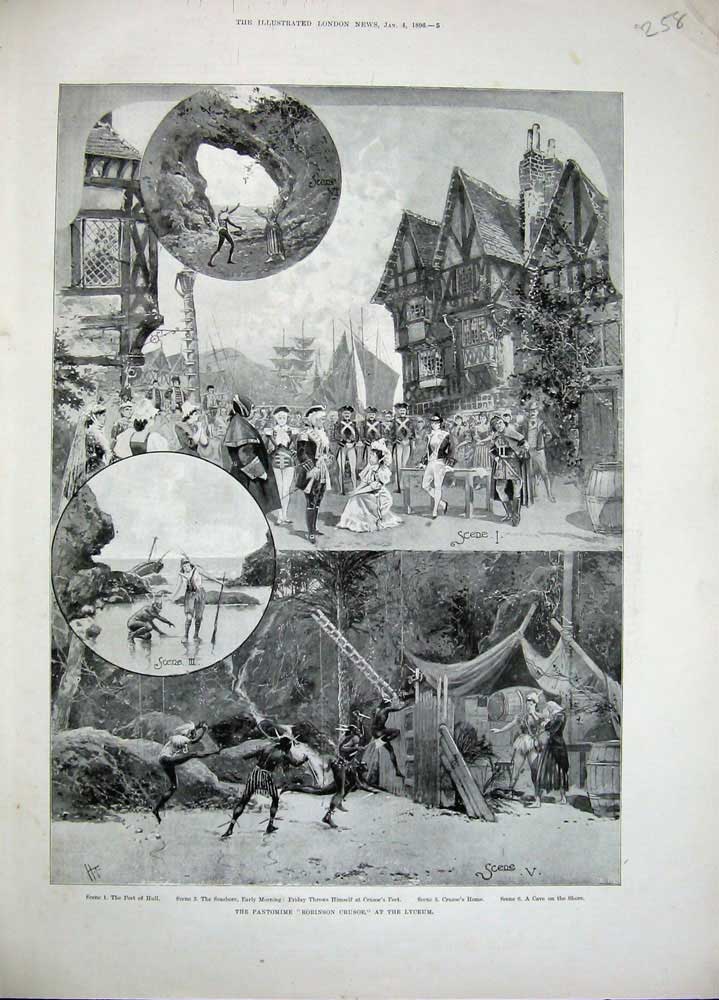 Original Old Antique Print 1896 Pantomime Robinson Crusoe Lyceum Theatre Cave