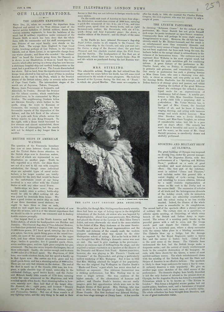 Original Old Antique Print 1896 Portrait Late Lady Gregory Mrs Stirling 19th