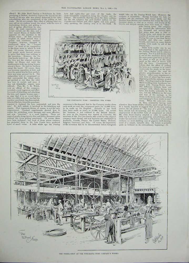 Original Old Antique Print 1896 Pneumatic Tyres Coventry Wheel Shop Motor Car