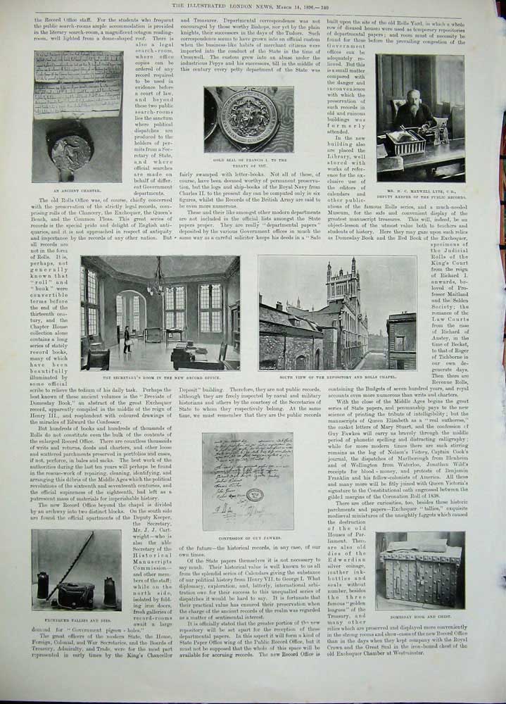 Old Antique Print 1896 Record Office Rolls Castille Guy Fawkes Domesday 19th
