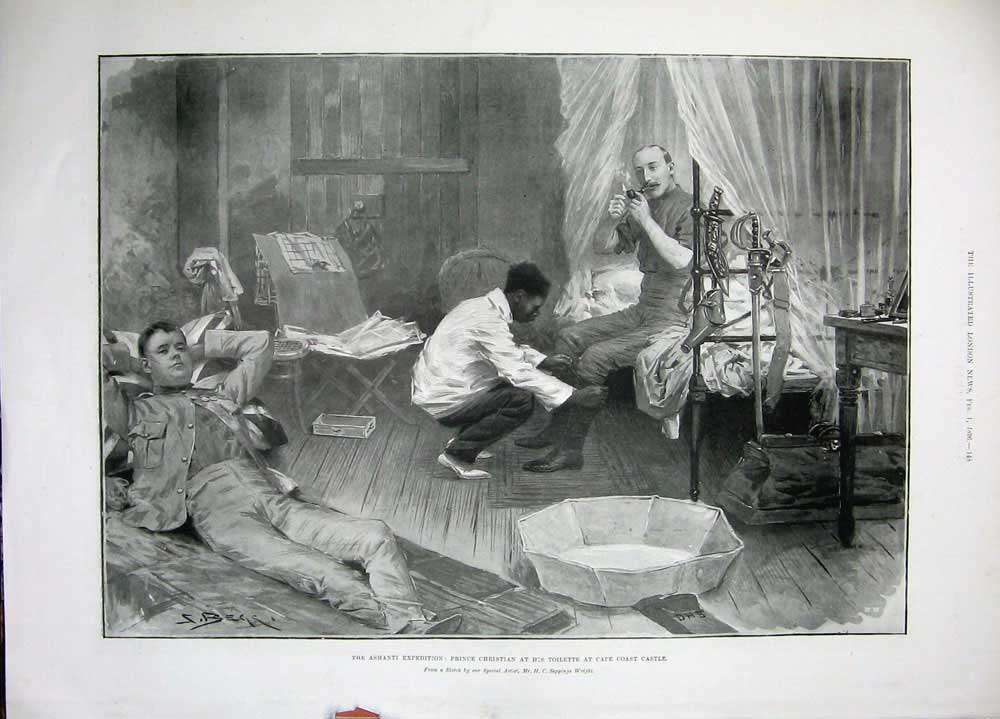 Antique Old Print 1896 Ashanti War Cape Coast Castle Prince Christian Bed 19th
