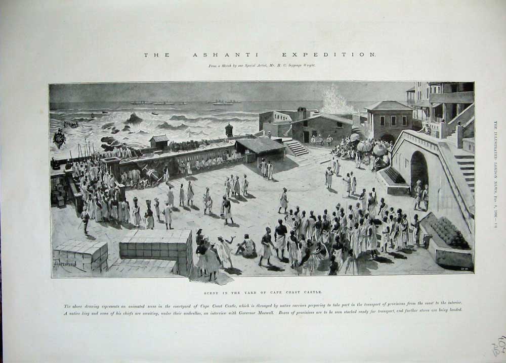 Old Antique Print 1896 Ashanti War Yard Cape Coast Castle Egyptian Army 19th