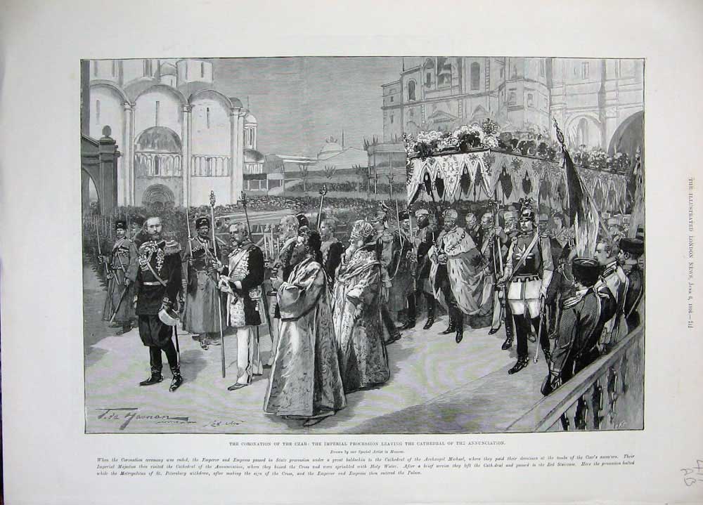 Original Old Antique Print 1896 Coronation Czar Cathedral Annunciation Empress