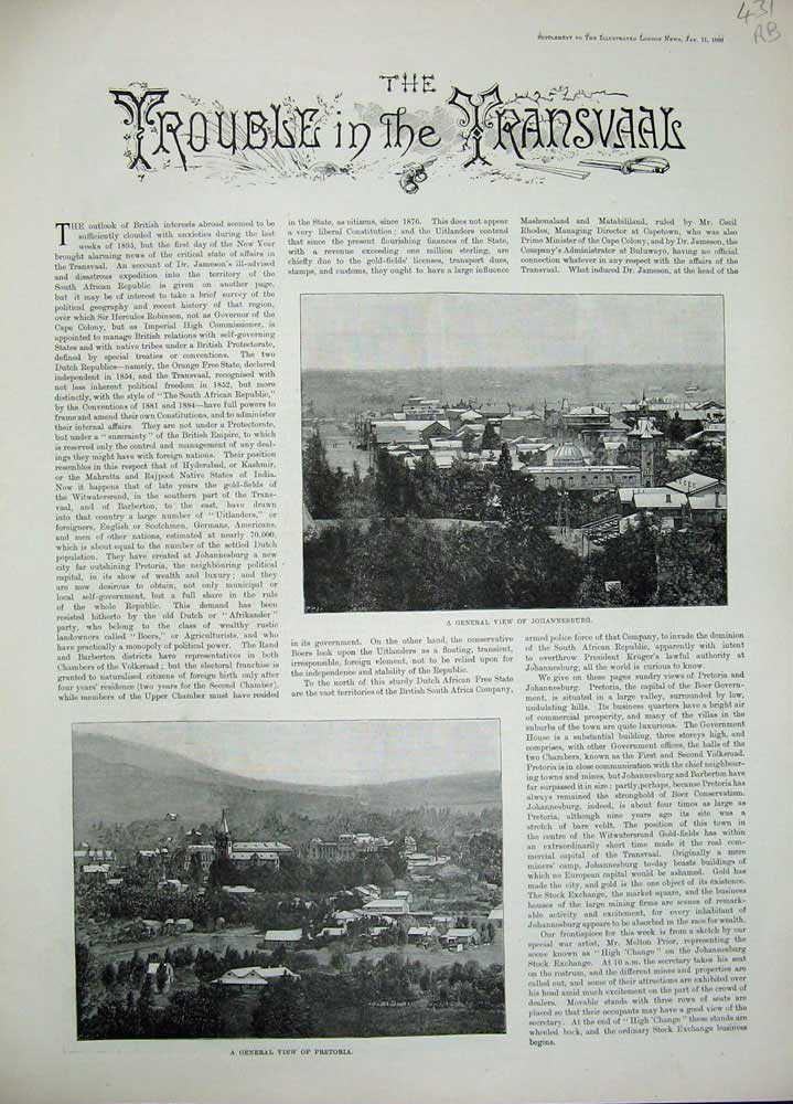 Old Antique Print 1896 Transvaal War Johannesburg Pretoria Majuba River 19th