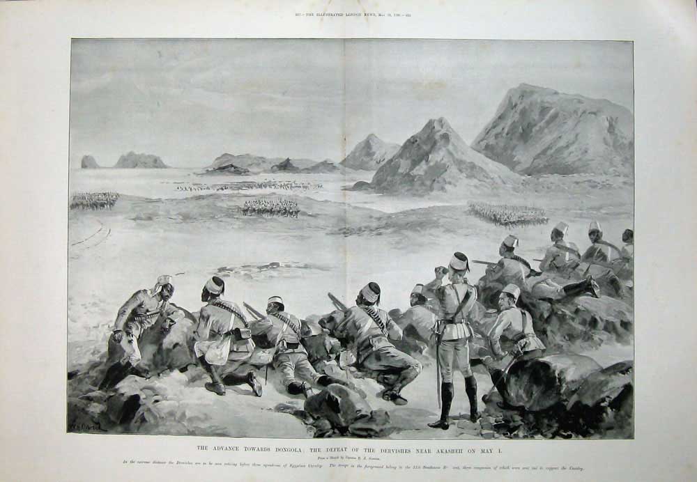 Old Antique Print 1896 War Dongola Dervishes Army Akasheh Men Mountains 19th