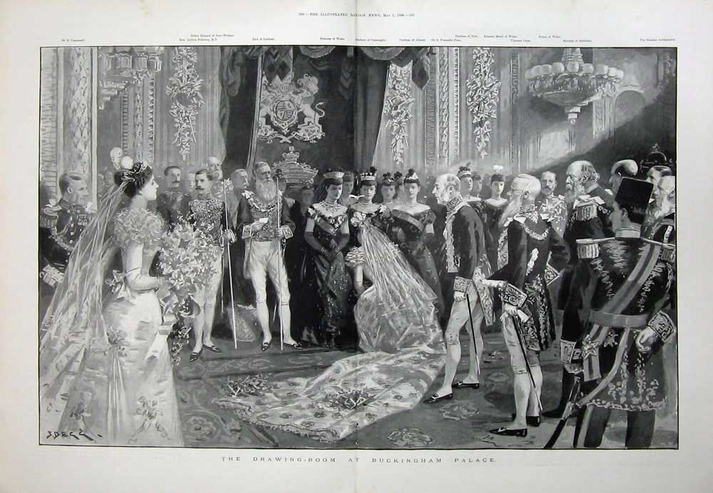 Old Antique Print 1896 Drawing Room Buckingham Palace London Queen King 19th